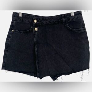 Zara Black Asymmetrical Denim Skort with Frayed Hem